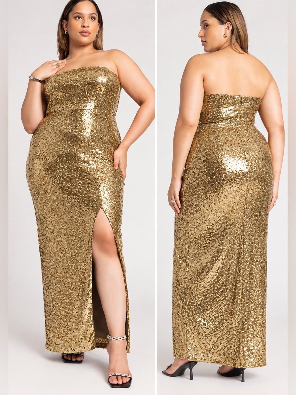 Eloquii Sequin Gown With Slit in Color Gold